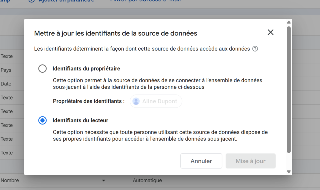 choix de l'accès aux données dans data studio
