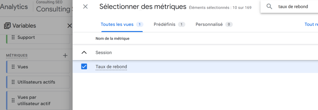 créer un rapport d'exploration dans GA4 avec le taux de rebond